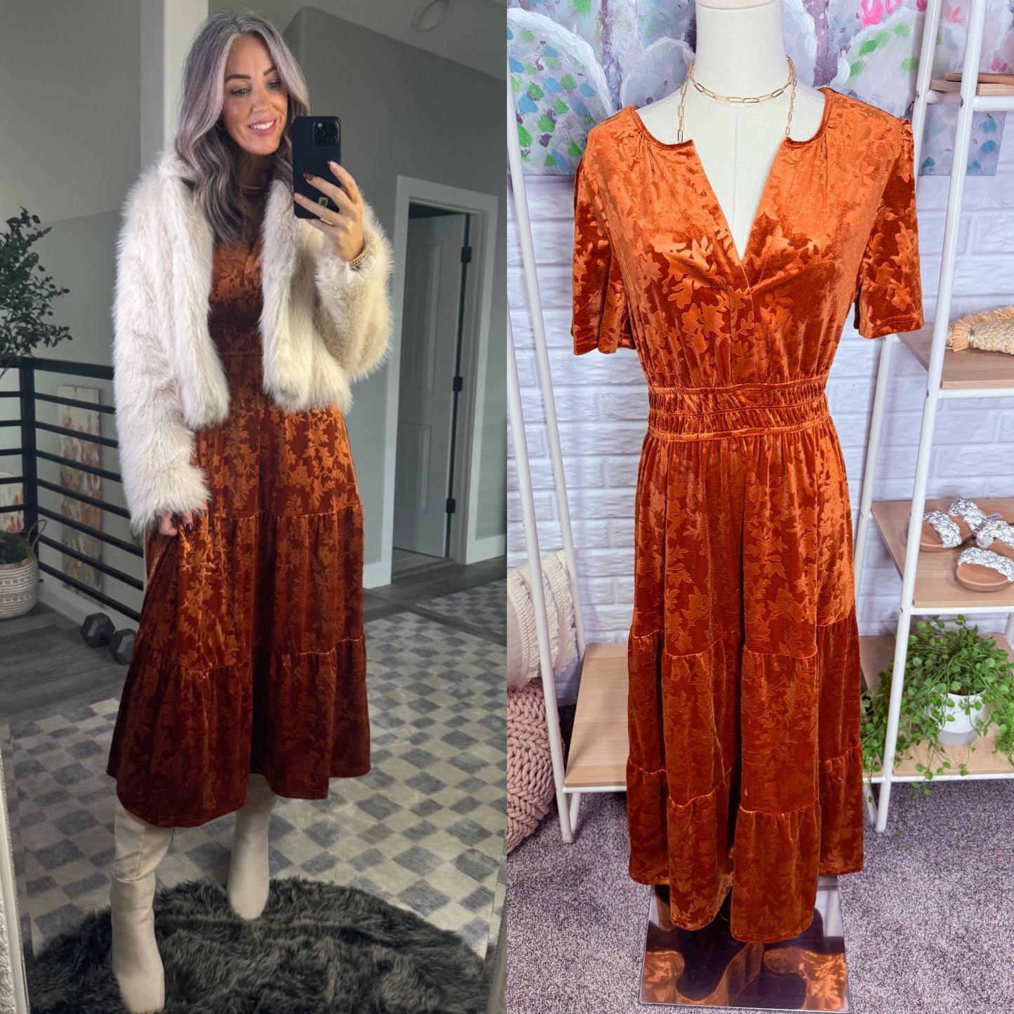 Simplee New Rust Velvet Maxi Dress (S)