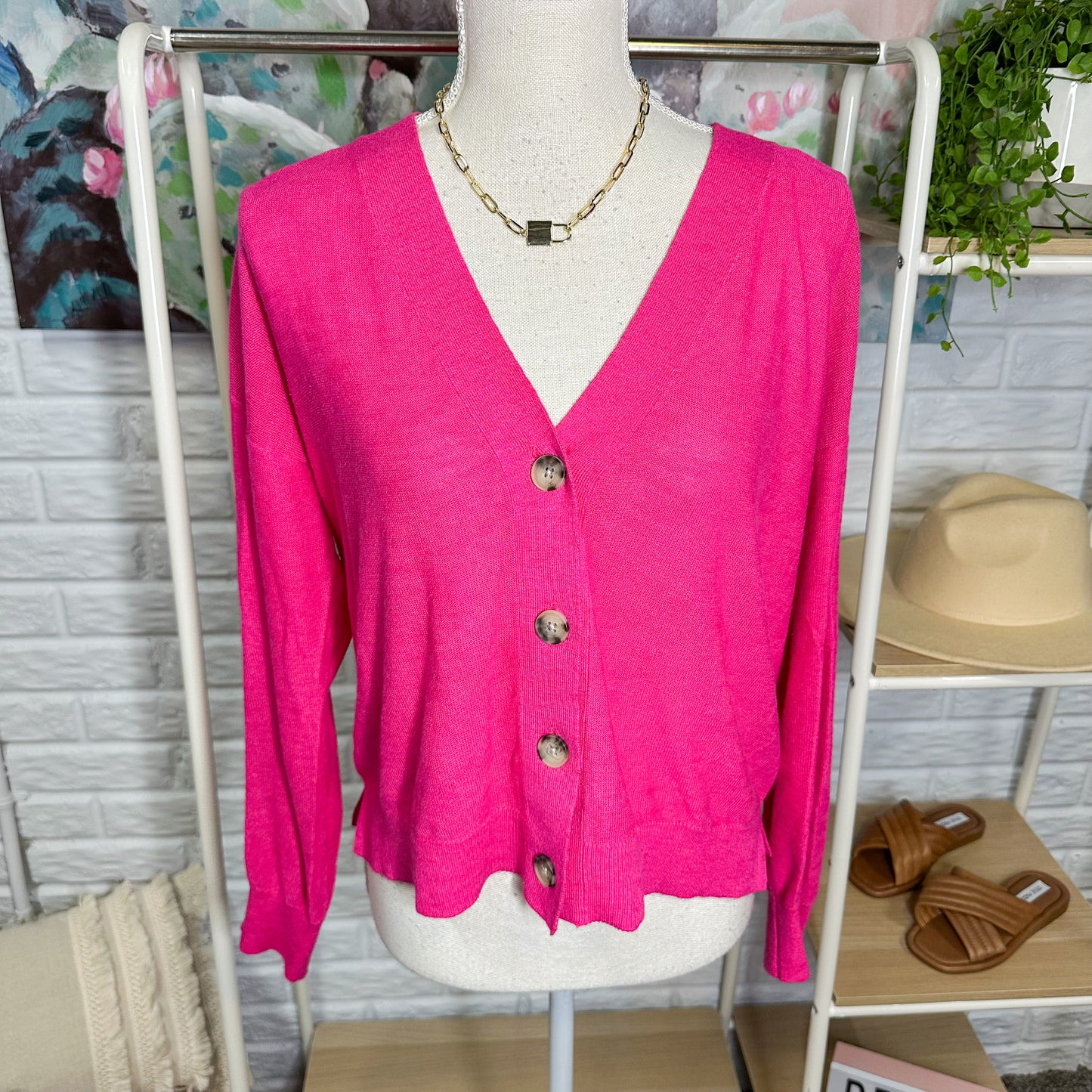 LOFT Pink Drop Shoulder V Neck Cardigan Size XS
