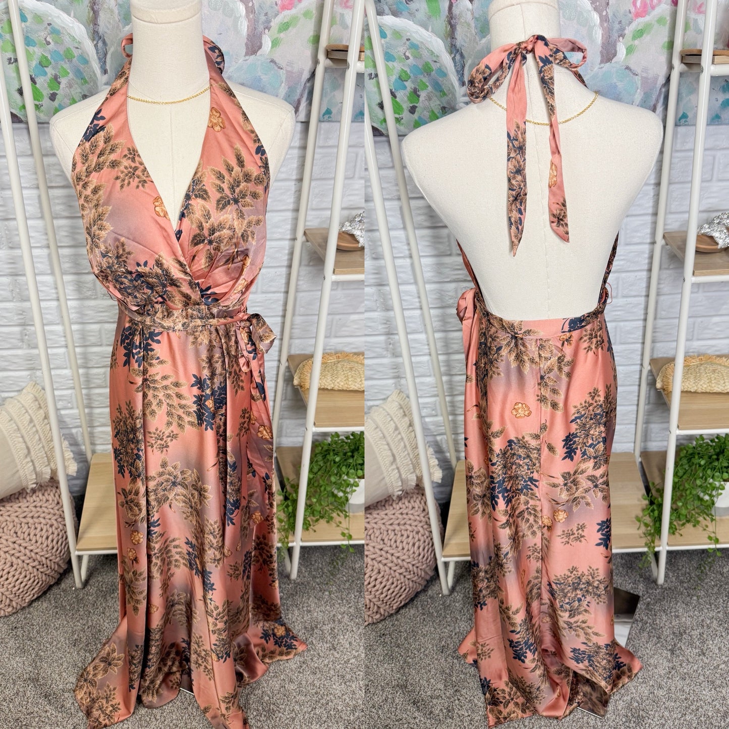 Lulu’s Passion Pink Floral Satin Backless Halter Maxi Dress (M)