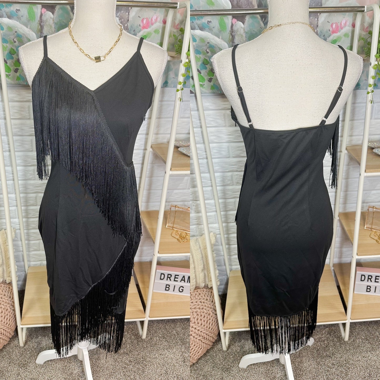 Grace Karin Black Fringe Bodycon Dress Size Medium