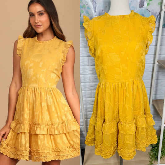 Lulu’s True as Can Be Mustard Yellow Burnout Floral Ruffled Mini Dress (M)