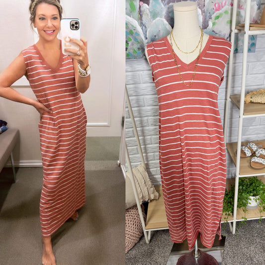 Lou & Grey New Salmon Striped Casual Dress (XS)
