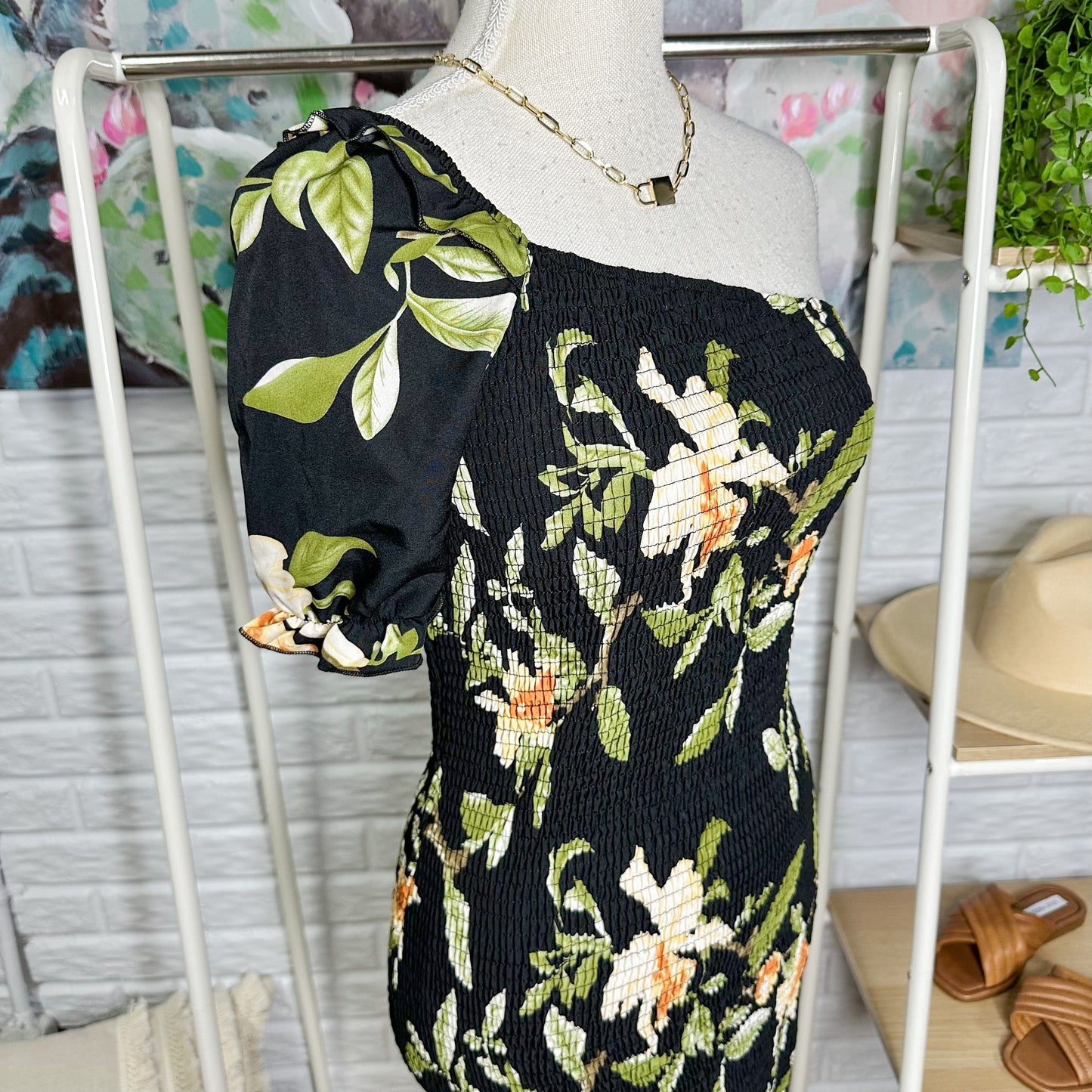 Nalanisa New Black Puff One Shoulder Floral Mini Dress Size Medium