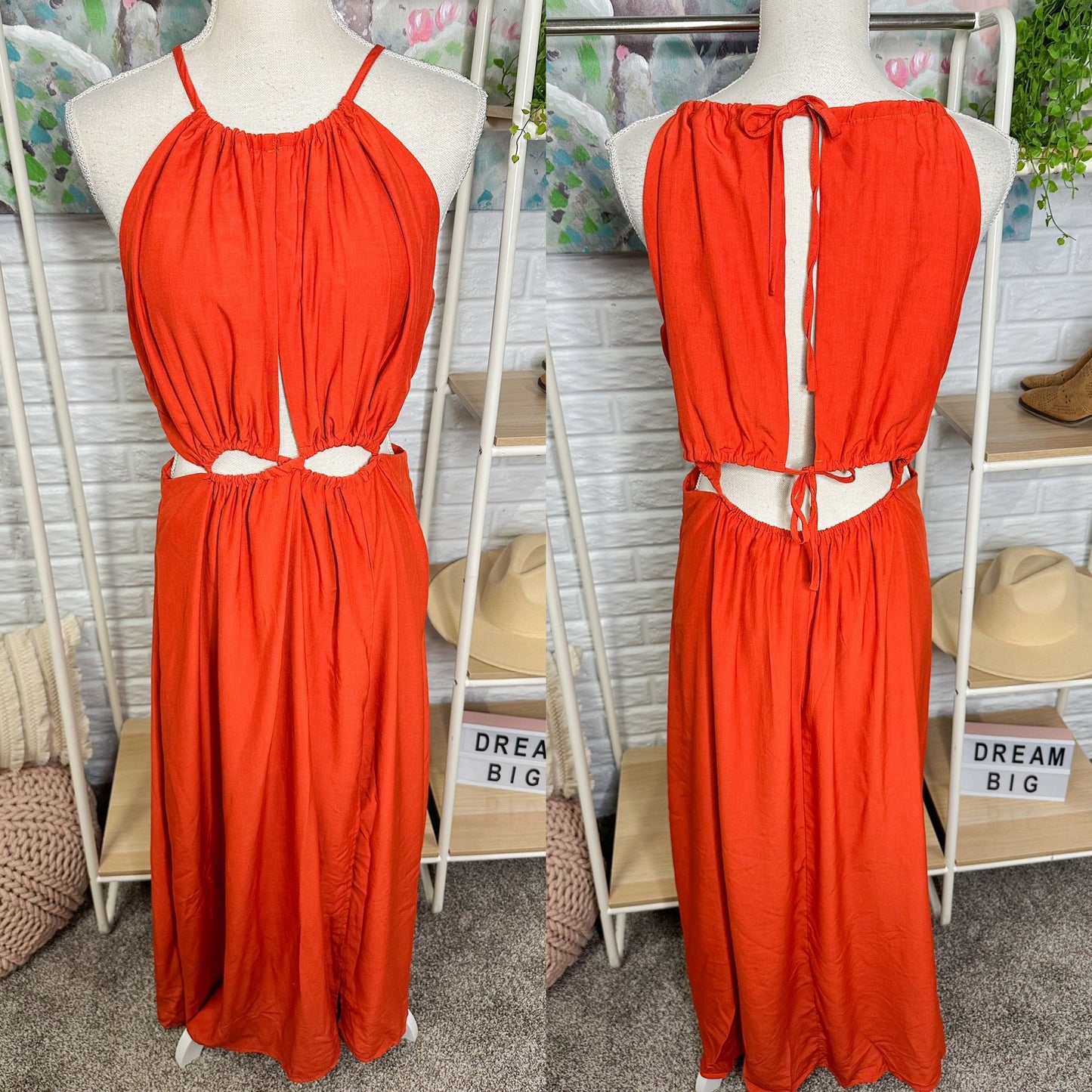 BTFBM New Orange Halter Cut Out Maxi Dress Size Medium
