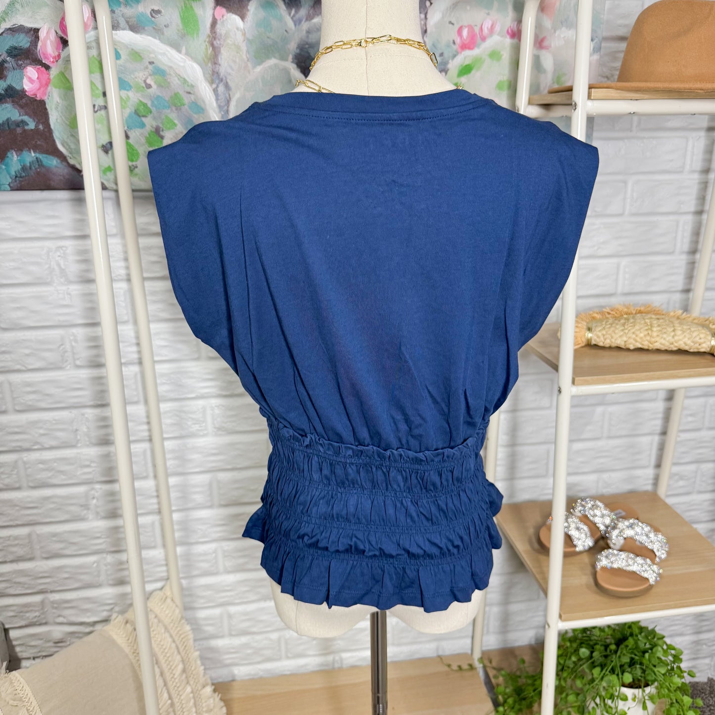 LOFT Navy Smocked Modern Wedge Tee (XS)