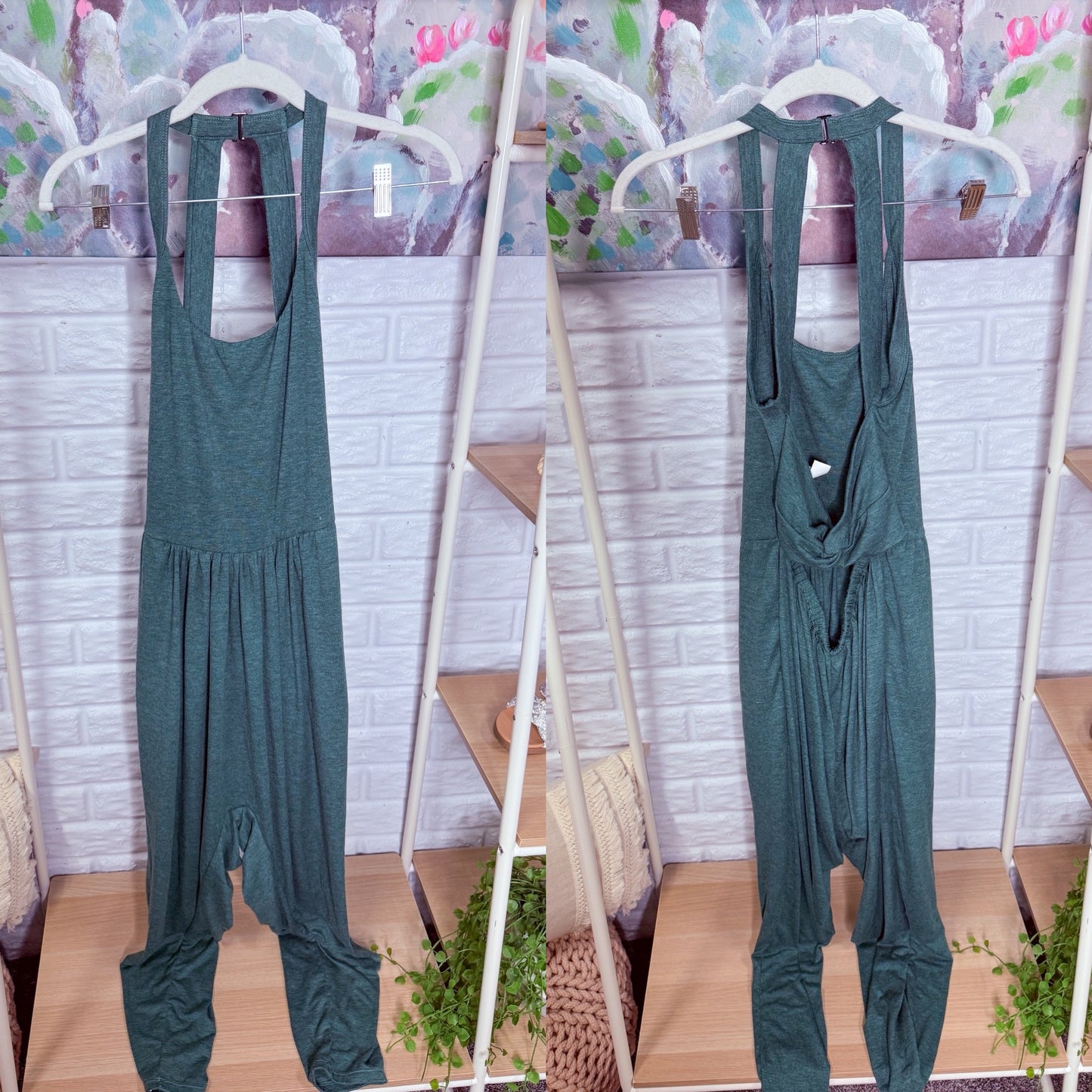 Halara U Neck Pocket Harem Casual Jumpsuit Easy Peezy Edition Green (M)
