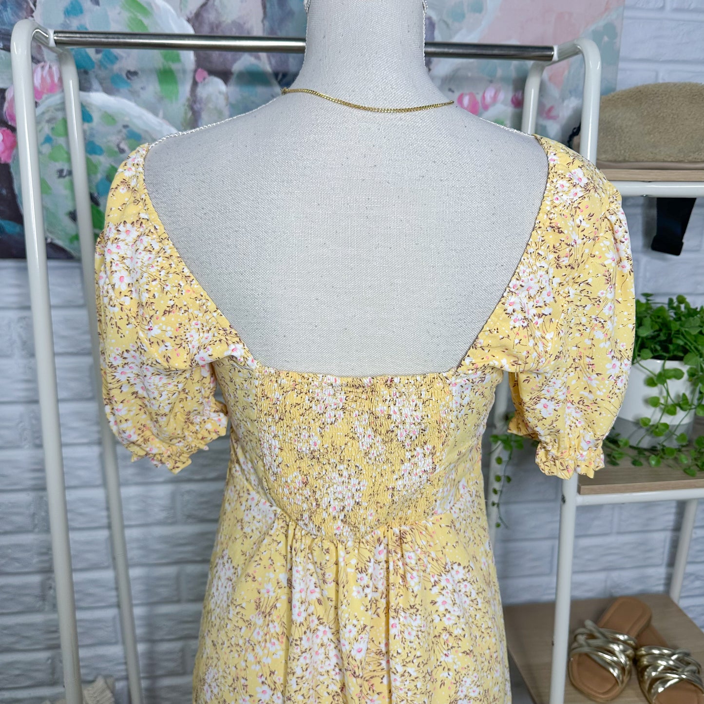 Altar’d State Yellow Floral Milkmaid Mini Dress (M)