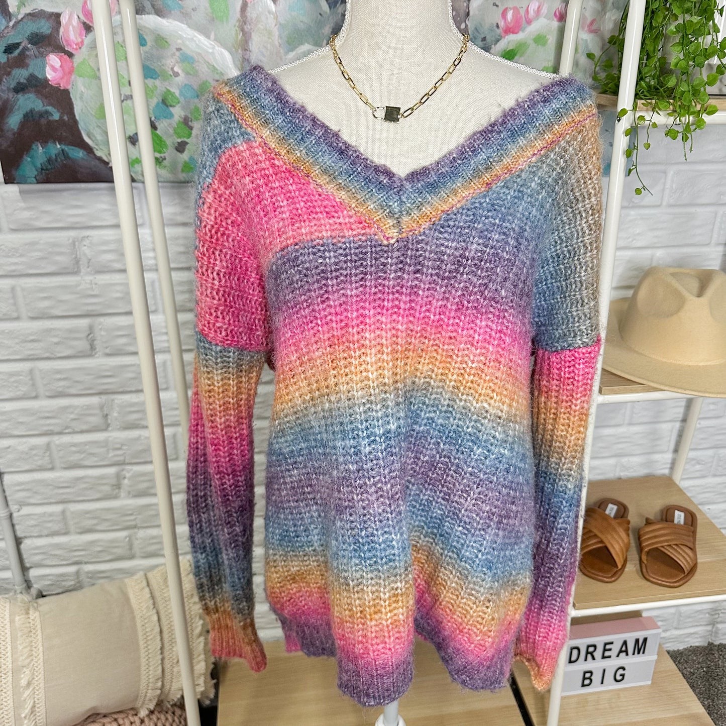 Macaron Rainbow Ombre Chunky V Neck Sweater Size Medium