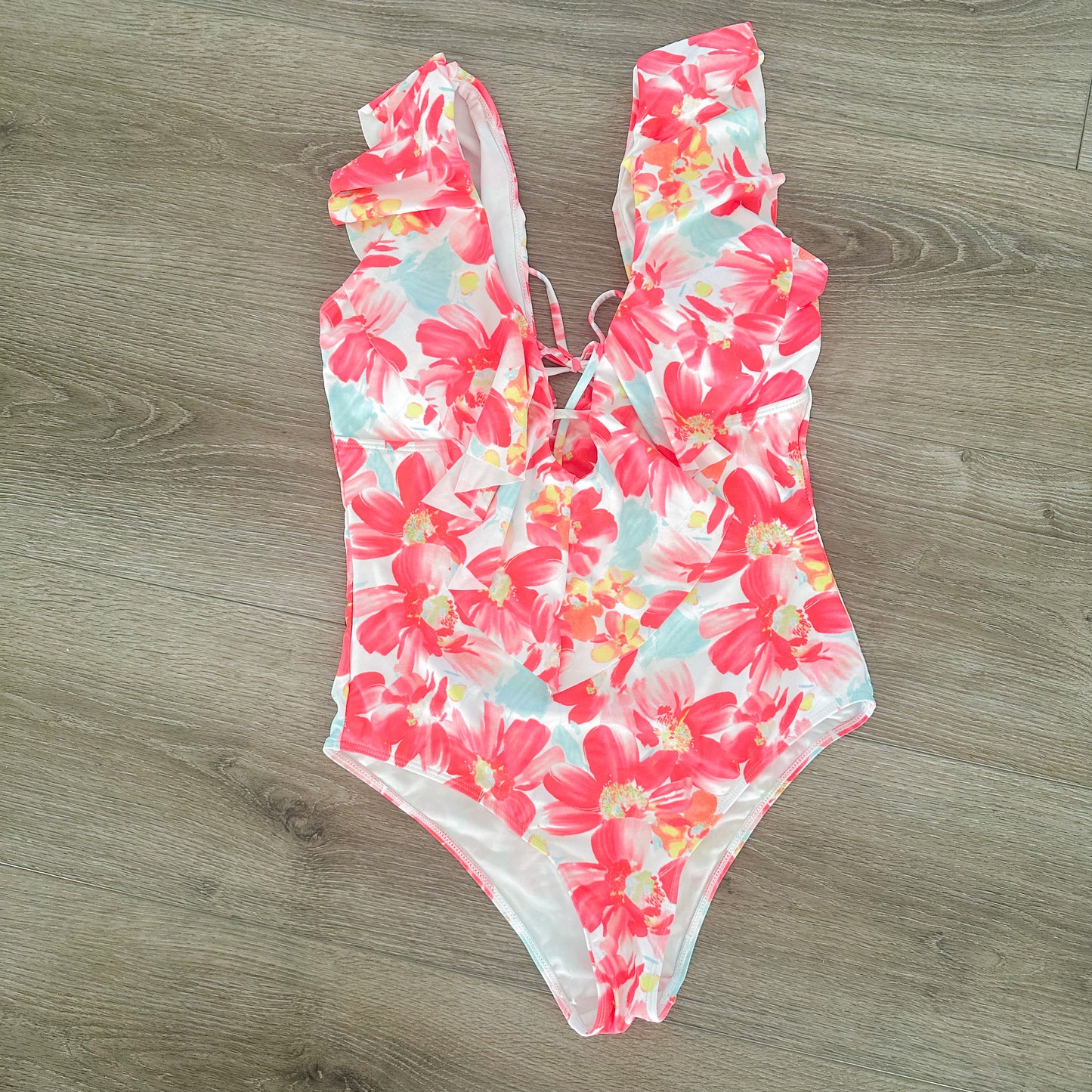 Sporlike Pink Floral Ruffle One Piece Swimsuit Size Large