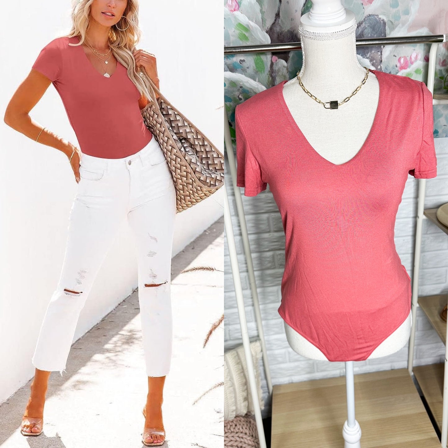 OWINS Pink V Neck Short Sleeve Bodysuit Size Large
