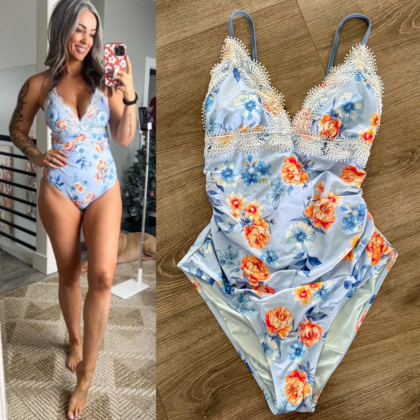 Cupshe Blue Floral Lace-Up Back One-Piece (M)