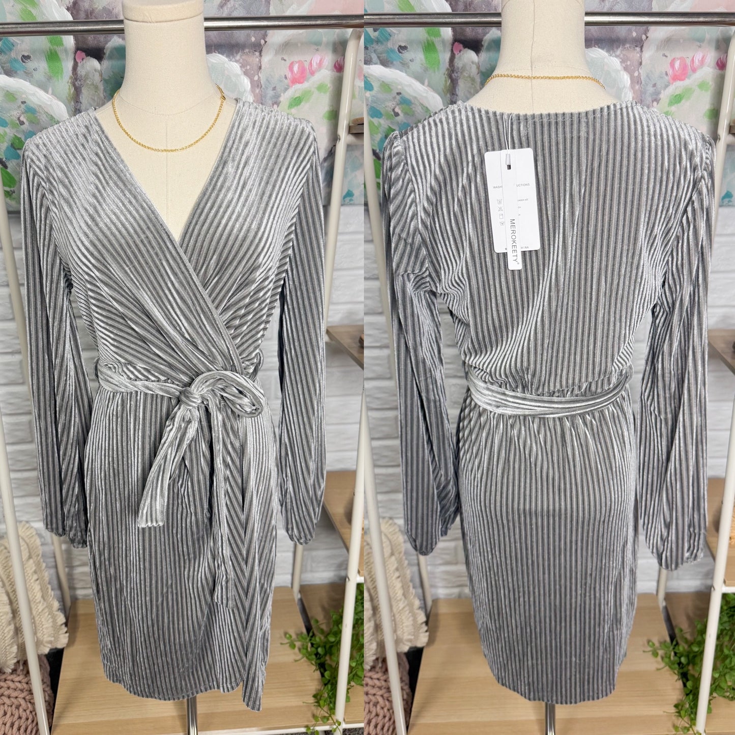 Merokeety New Long Sleeve Velvet Mini Dress Grey (M)