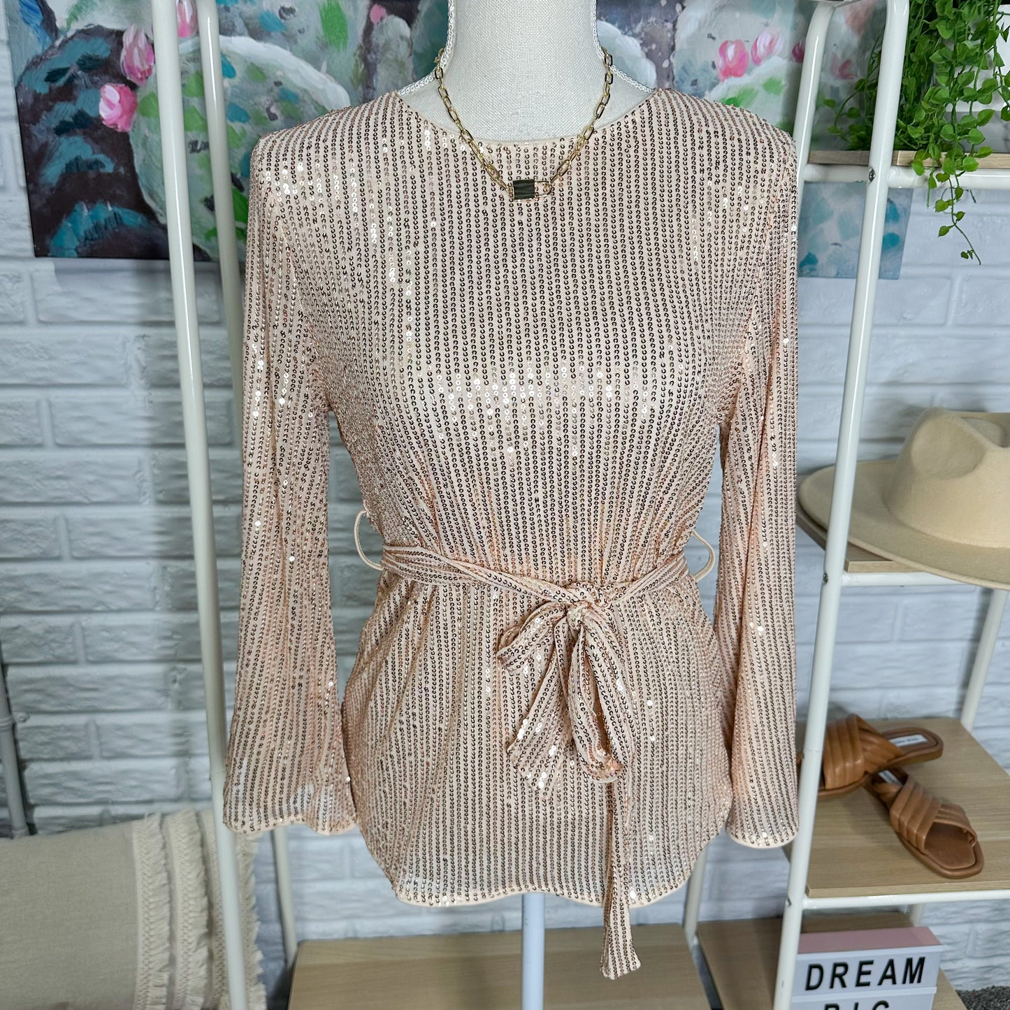Grace Karin New Rose Gold Sequins Long Sleeve Blouse Size Small