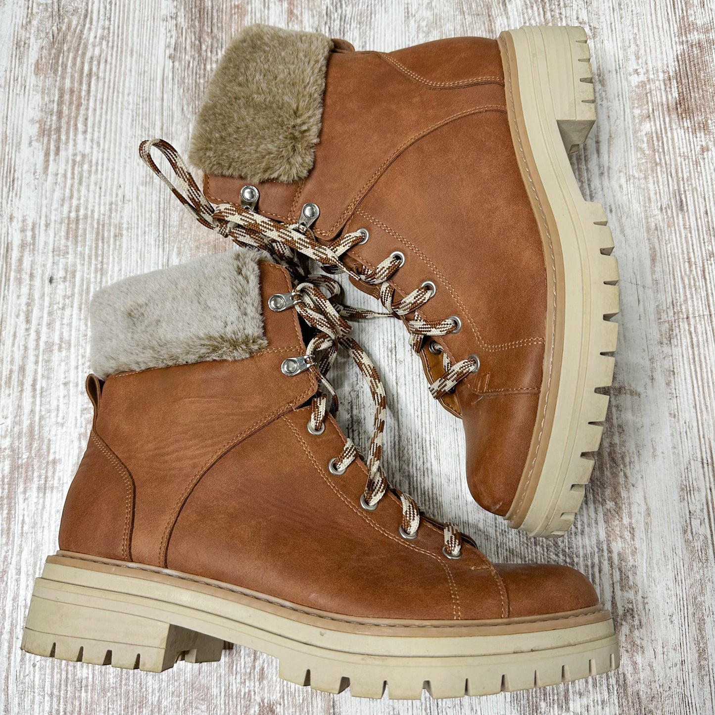 Time & Tru Brown Faux Fur Trim Hiker Boots Size 9