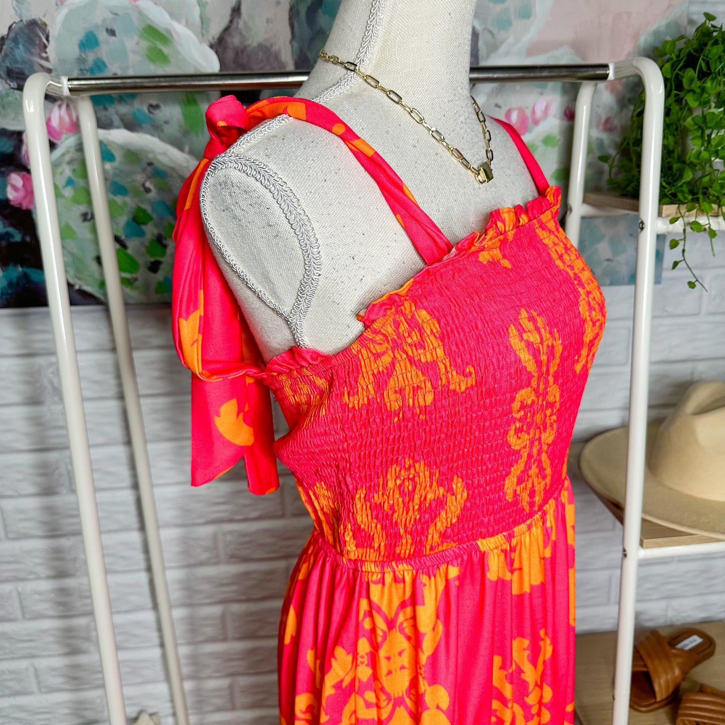 Vici Champagne & Strawberry Pink/Orange Smock Maxi Dress Size Large