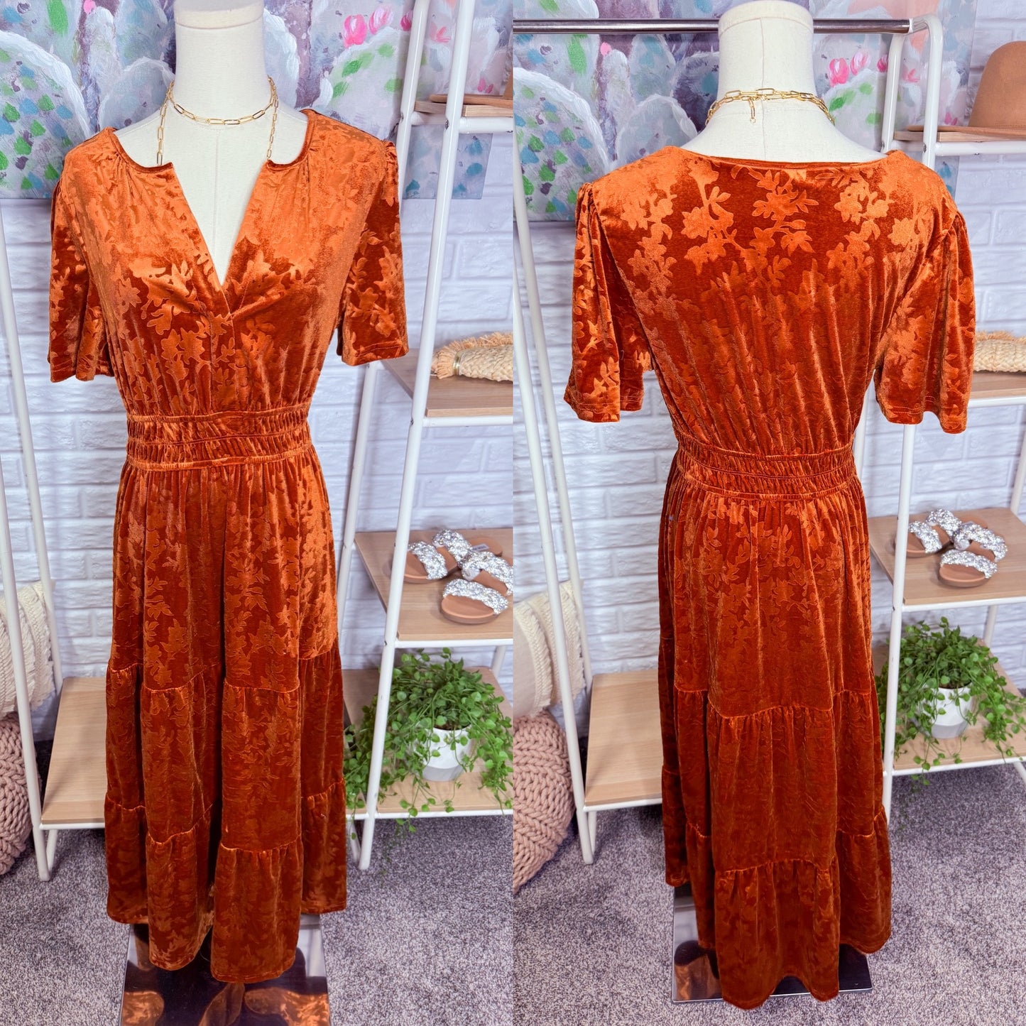 Simplee New Rust Velvet Maxi Dress (S)