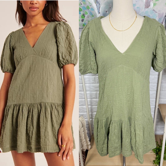 Abercrombie & Fitch Green Puff Sleeve Trapeze Mini Dress (M)