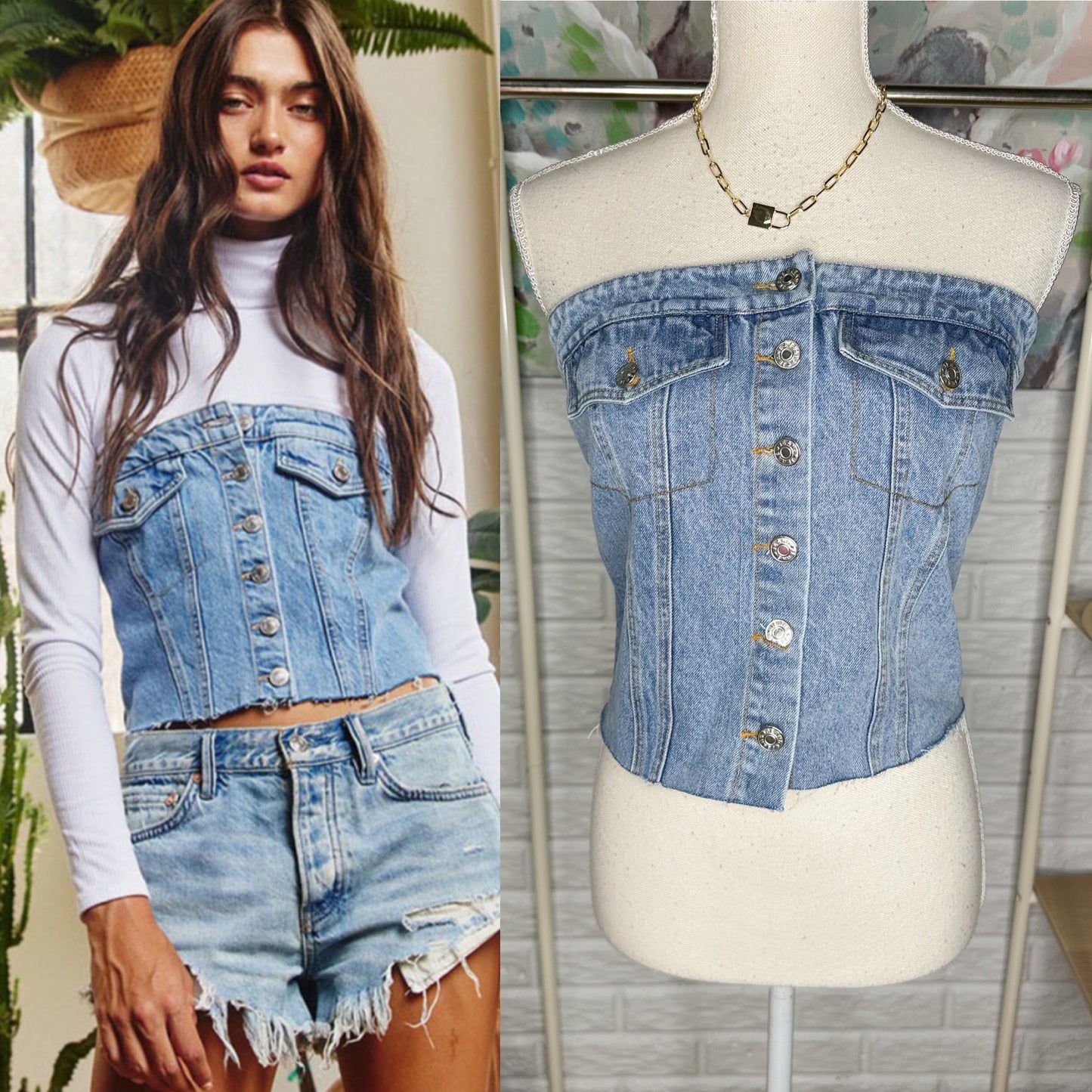 Bucket List Strapless Denim Smocked Top Size Large