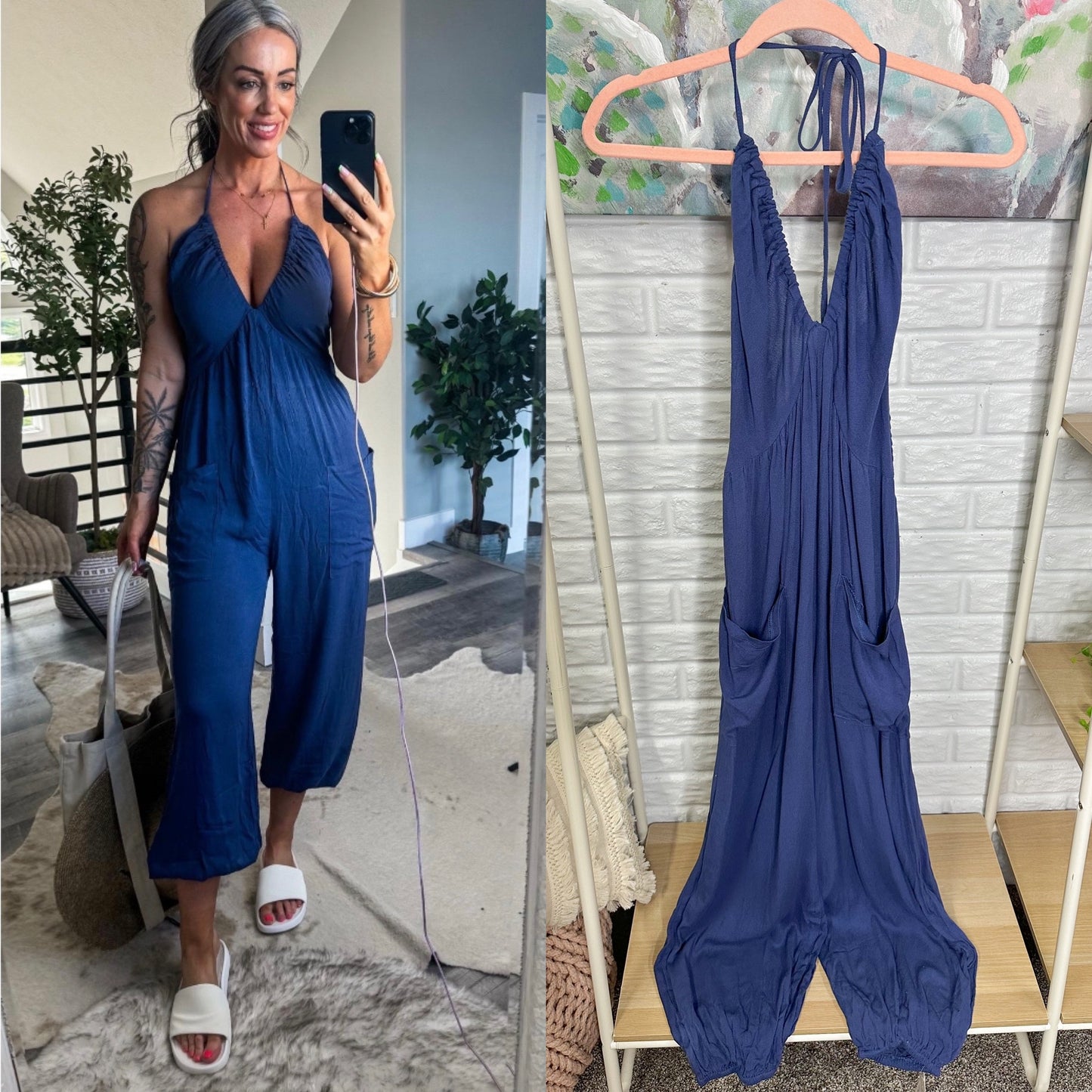 Cupshe New Navy Plunge Halter Jogger Jumpsuit (M)