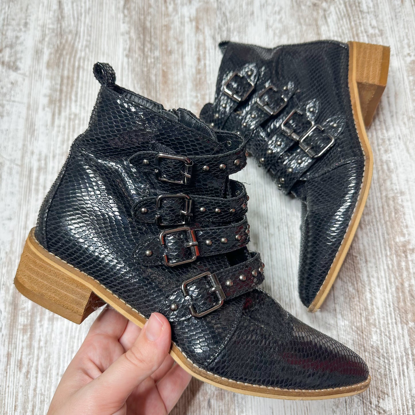 CCOCCI Black Snake Print Buckle Ankle Boots Size 7