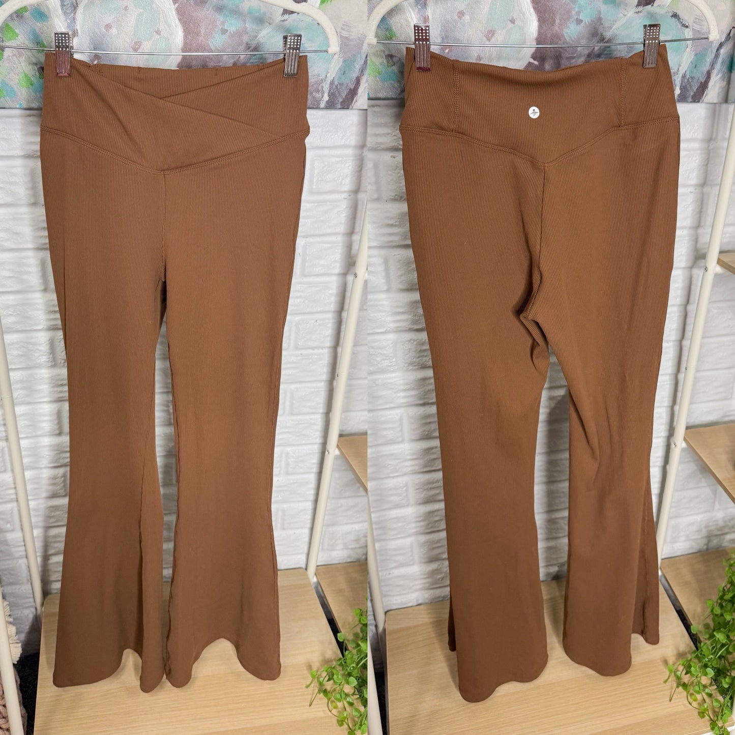 Halara Crossover High Waisted Pocket Waffle Casual Flare Pants Almond Brown (M)