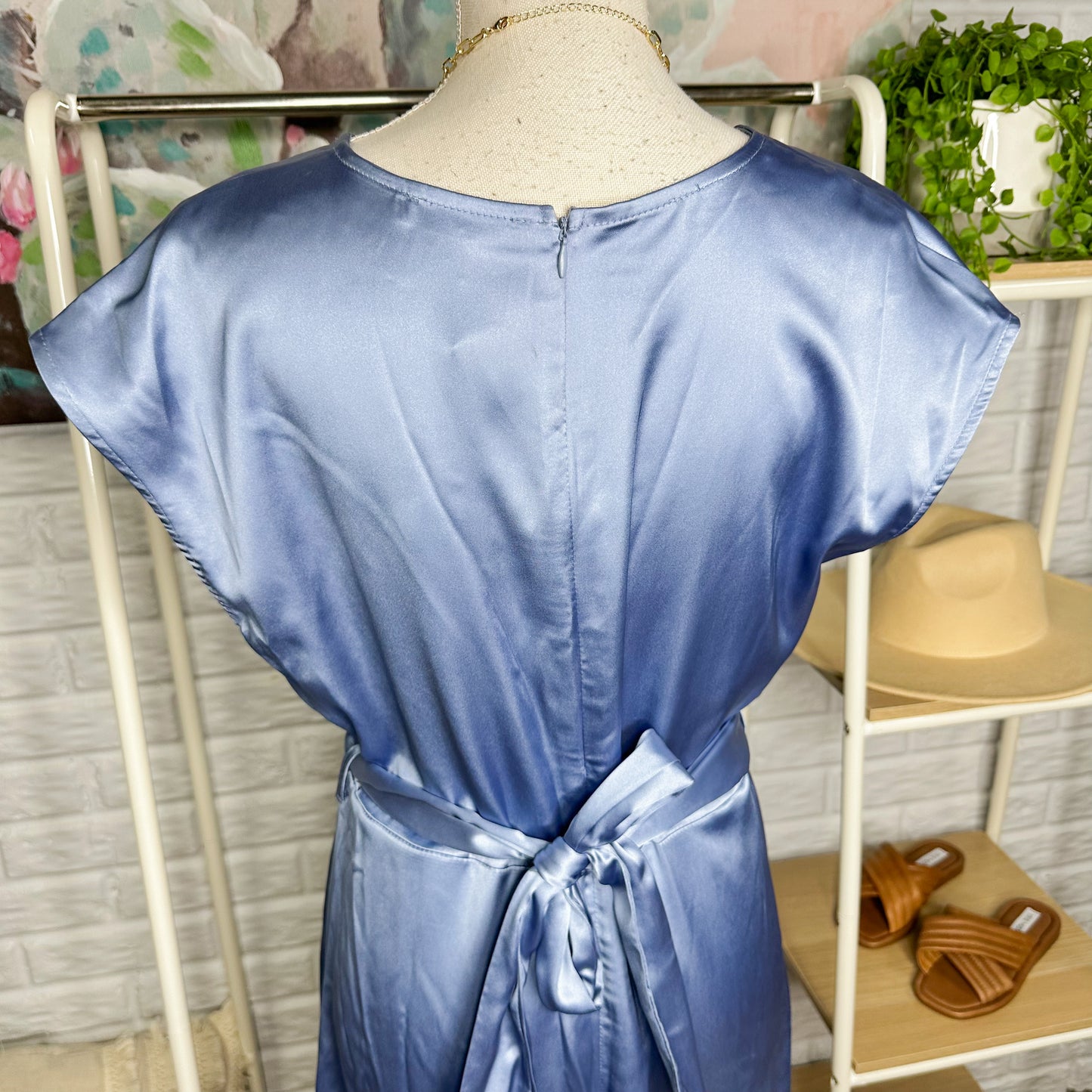 Prettygarden New Blue Satin Midi Dress Size Medium