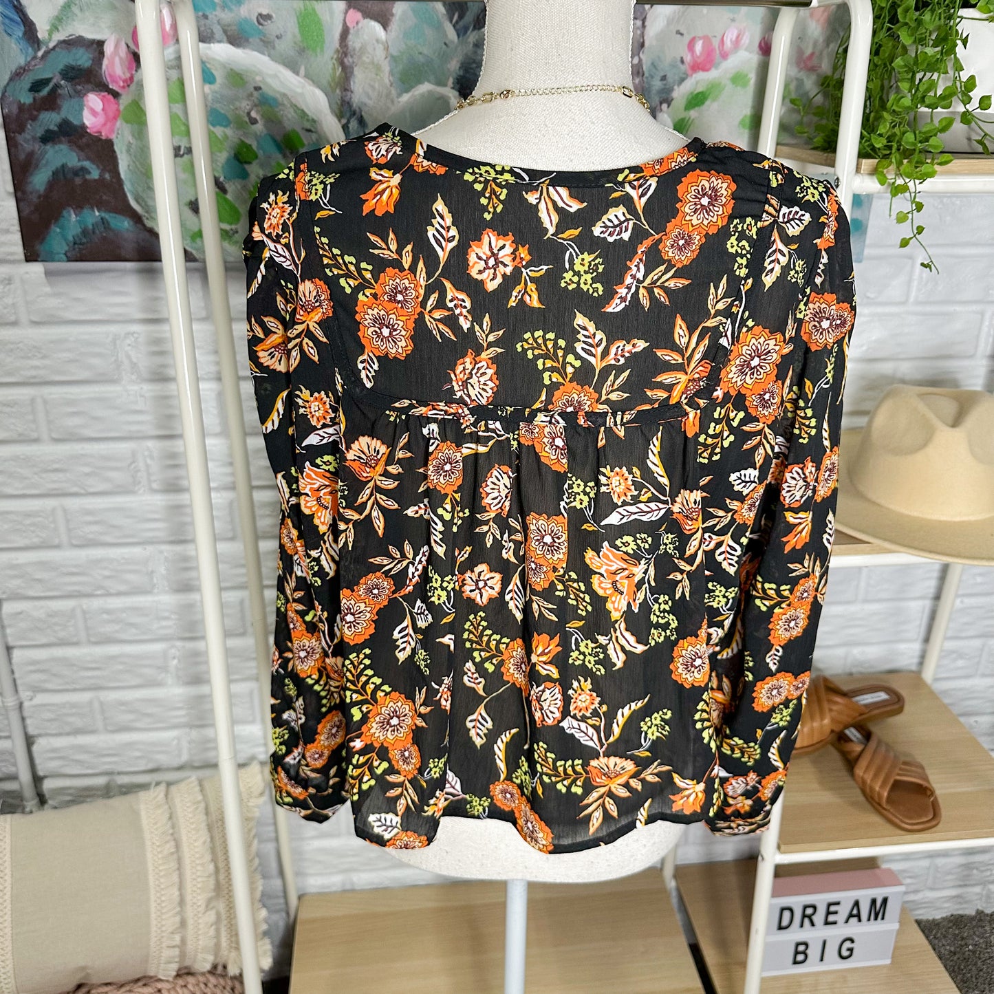 Black & Orange Floral Long Sleeve Blouse Size Large