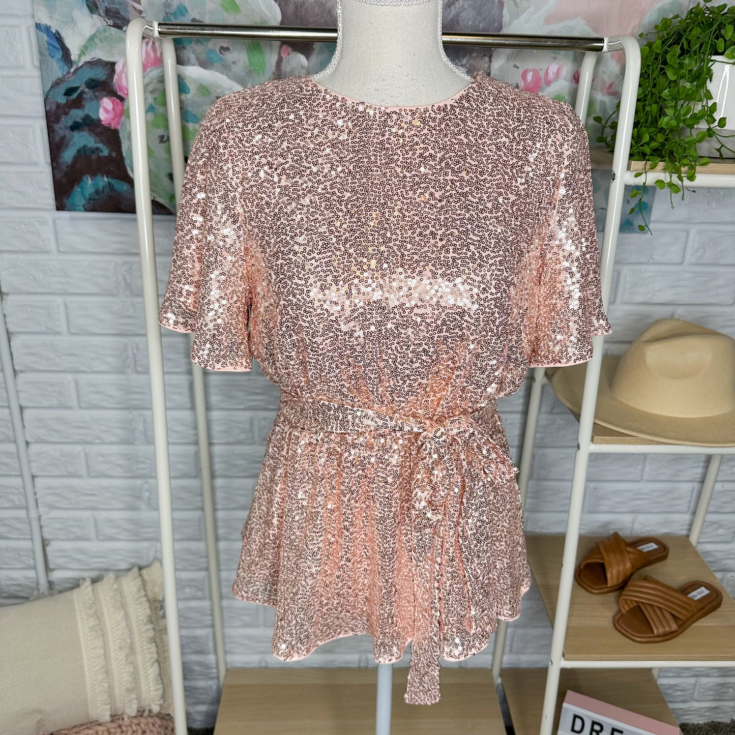 Grace Karin New Pink Sequins Peplum Blouse Size Medium