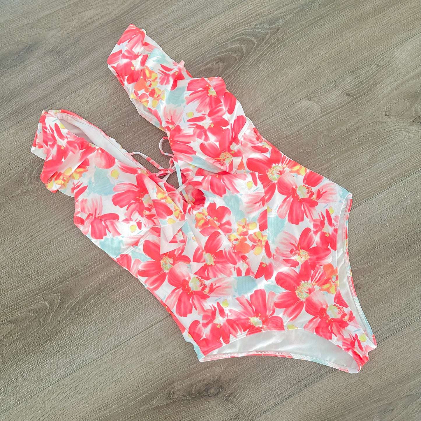 Sporlike Pink Floral Ruffle One Piece Swimsuit Size Large