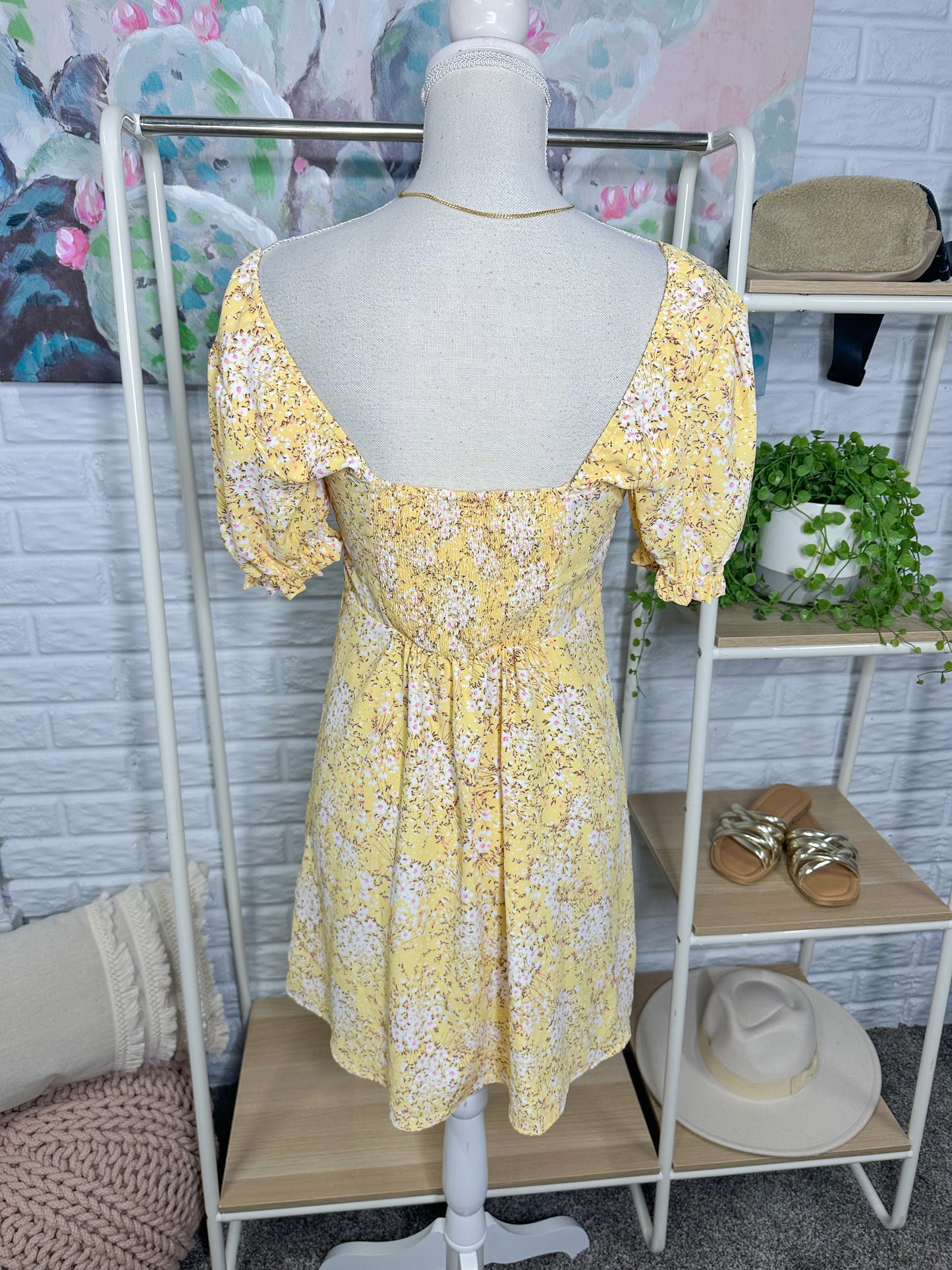 Altar’d State Yellow Floral Milkmaid Mini Dress (M)