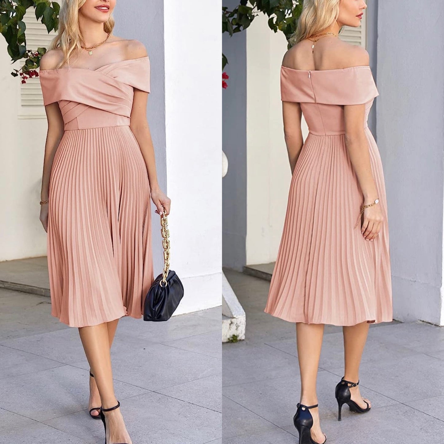 Grace Karin New Pink Pleated Off The Shoulder Dress Size Medium