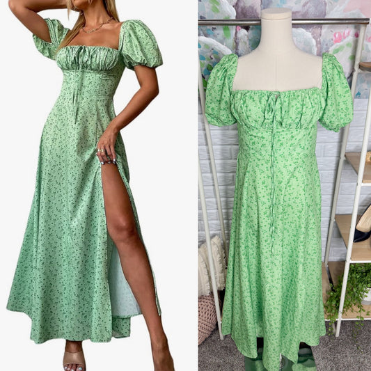 Kutumai New Green Puff Sleeve Floral Peasant Dress (M)