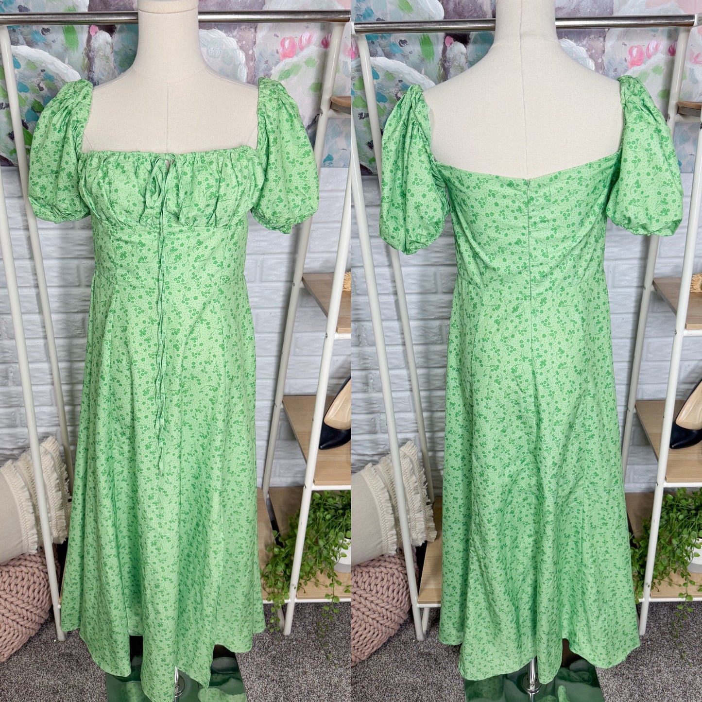 Kutumai New Green Puff Sleeve Floral Peasant Dress (M)