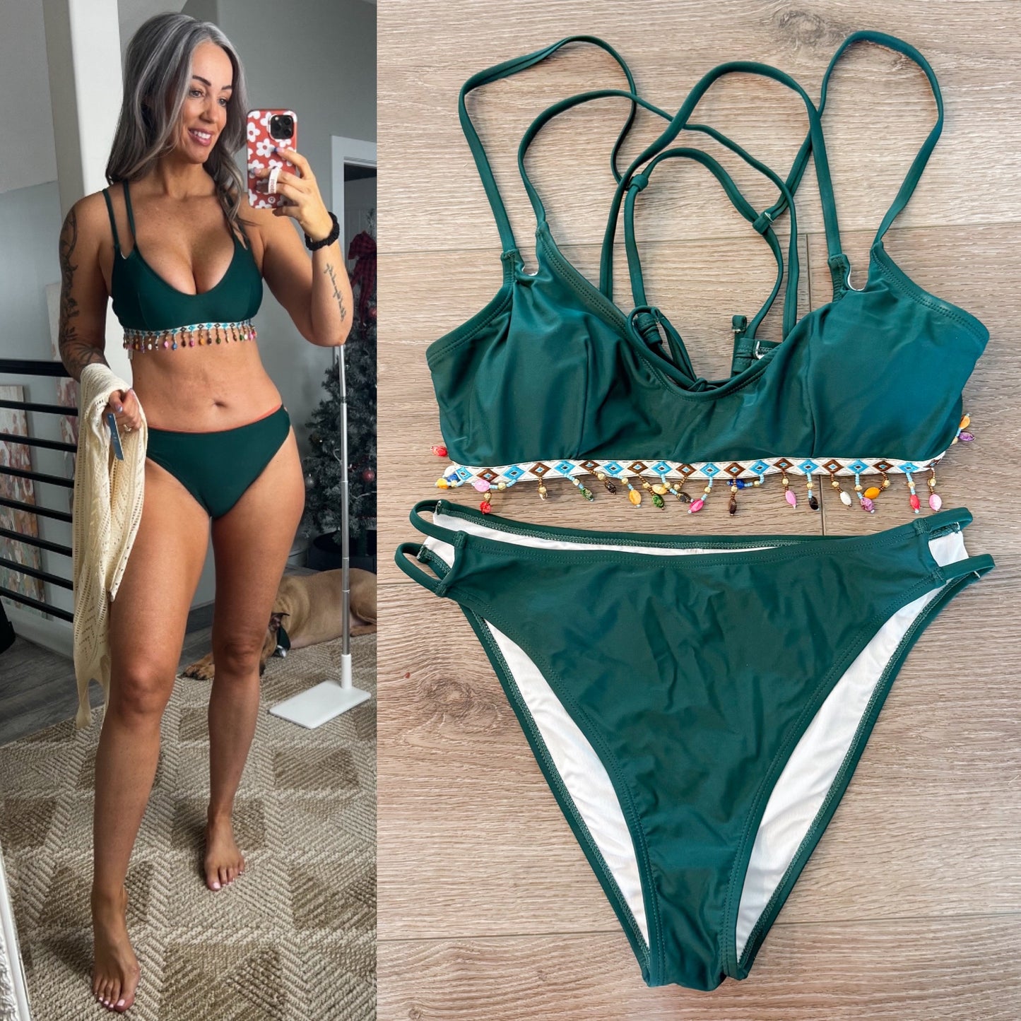 Cupshe Green Beaded Bikini Top & Cutout Cheeky Bottoms Set (M)