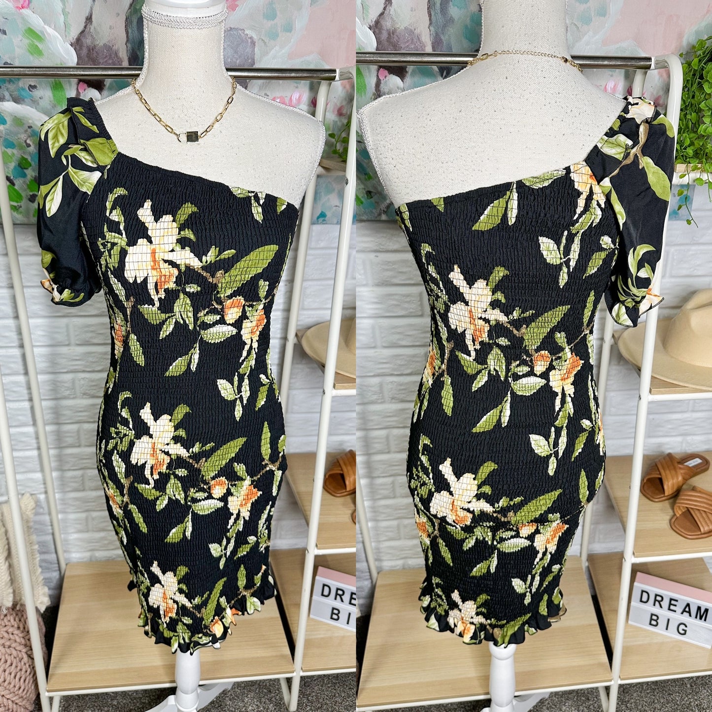 Nalanisa New Black Puff One Shoulder Floral Mini Dress Size Medium