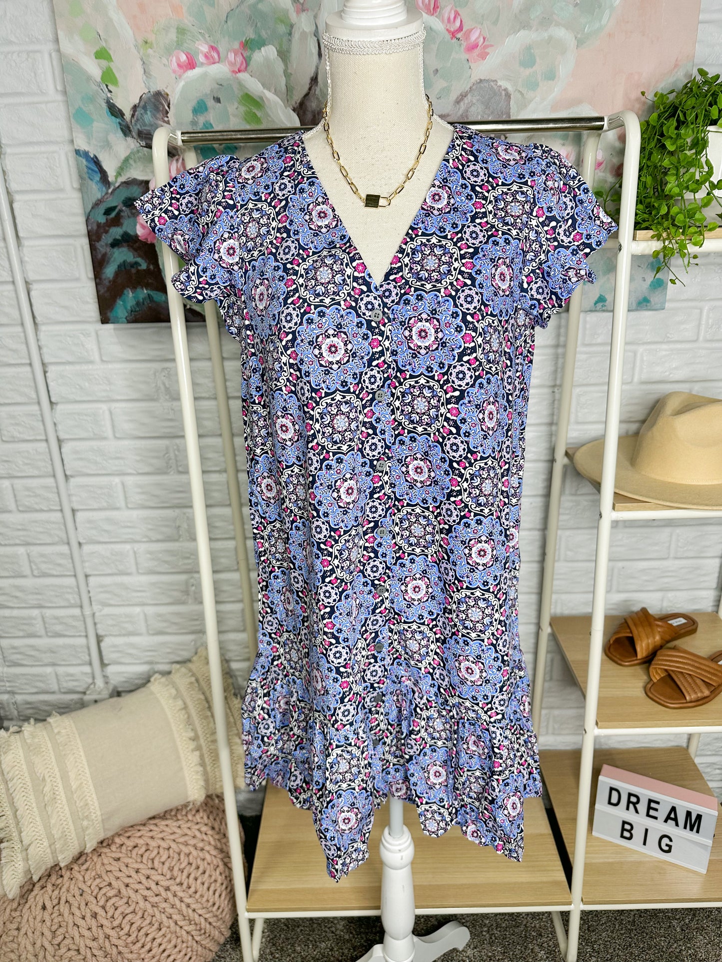 LOFT New Medallion Button Ruffle Flounce Dress Size XS