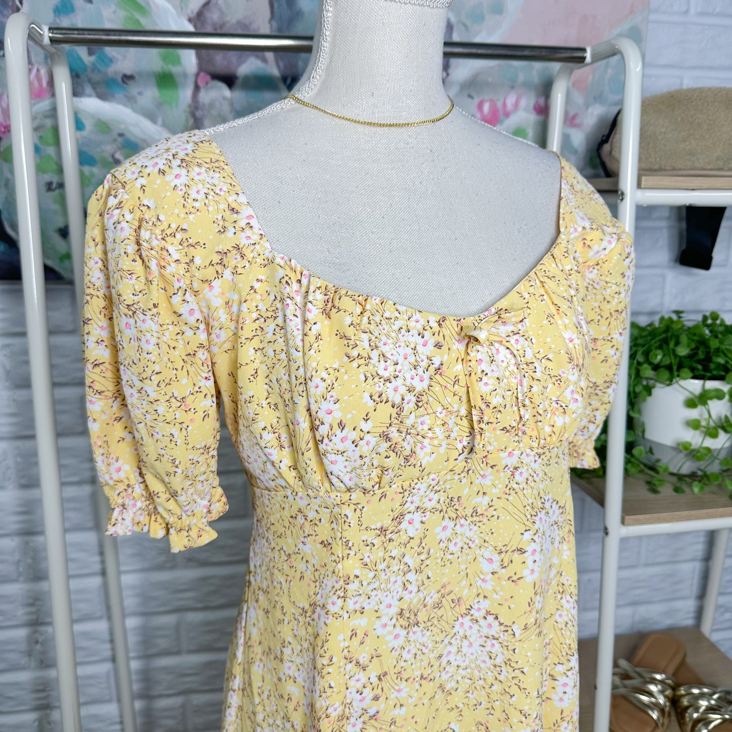 Altar’d State Yellow Floral Milkmaid Mini Dress (M)