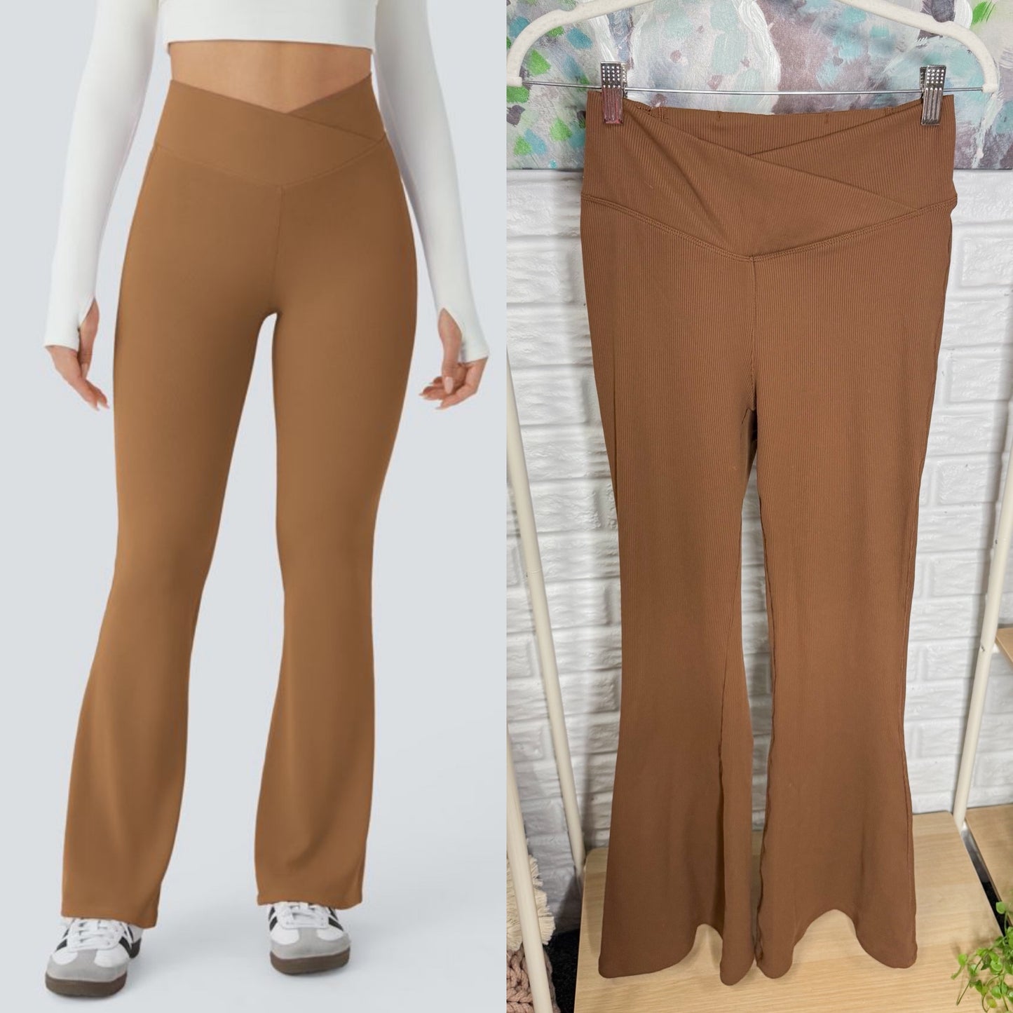 Halara Crossover High Waisted Pocket Waffle Casual Flare Pants Almond Brown (M)