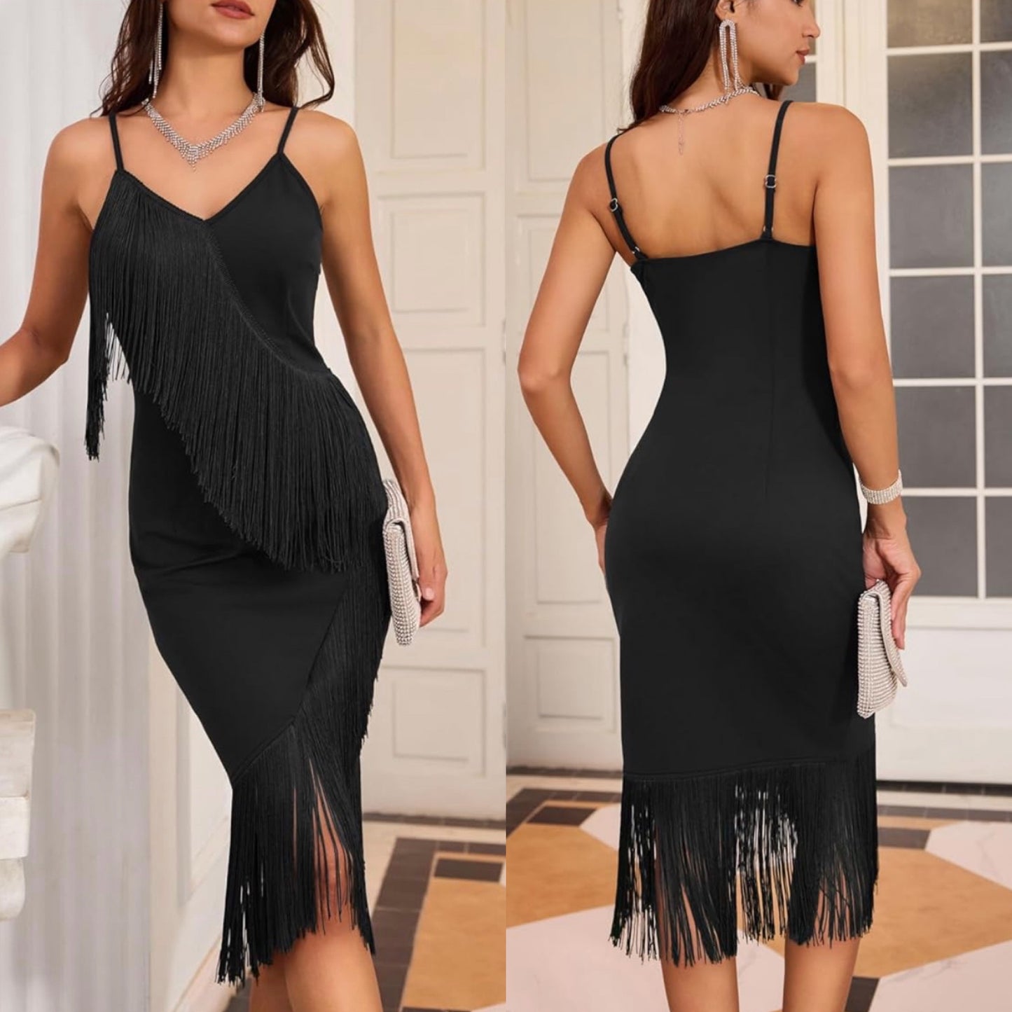 Grace Karin Black Fringe Bodycon Dress Size Medium