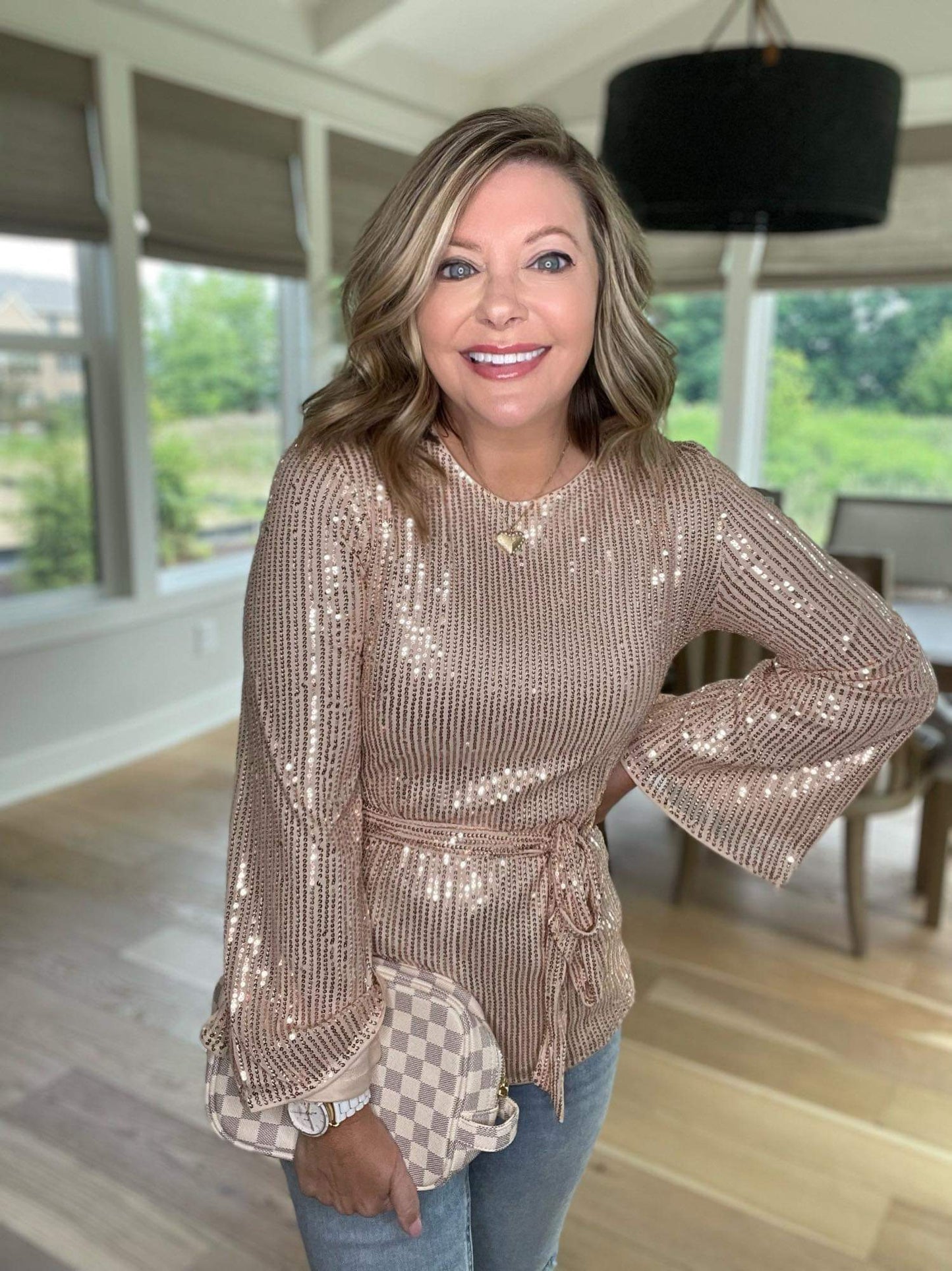 Grace Karin New Rose Gold Sequins Long Sleeve Blouse Size Small