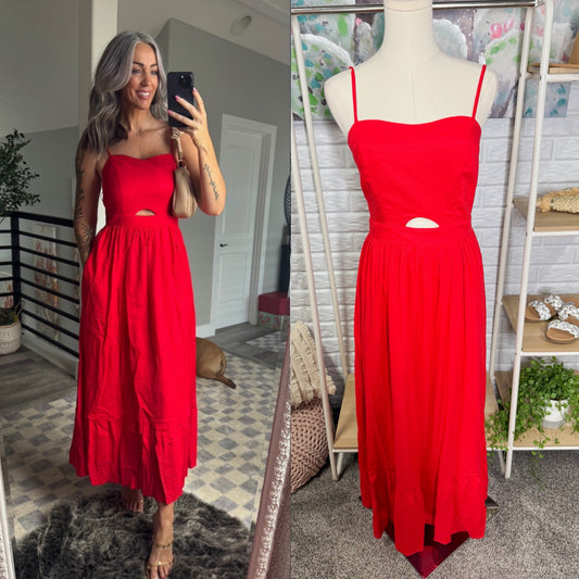 VICI New Eleanor A-Line Front Cutout Maxi Dress in Red (Small)