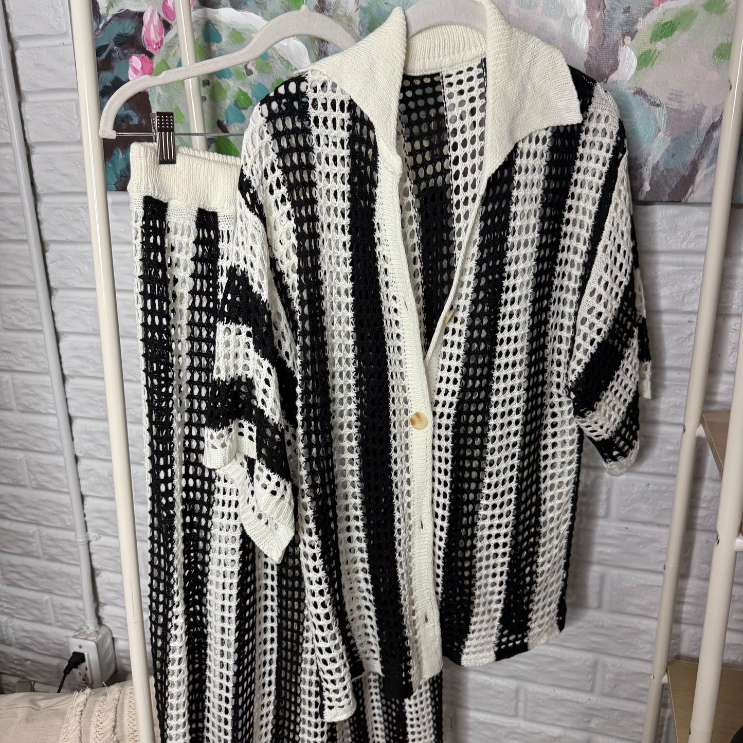 Black/White Mesh Striped Coverup Set (M)