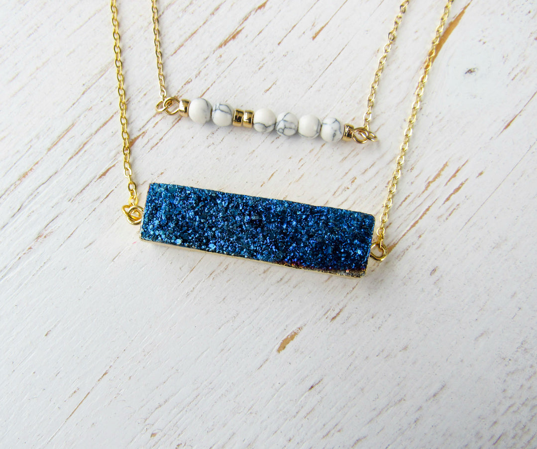 Blue Druzy Gold Plated Bar Layered Necklace