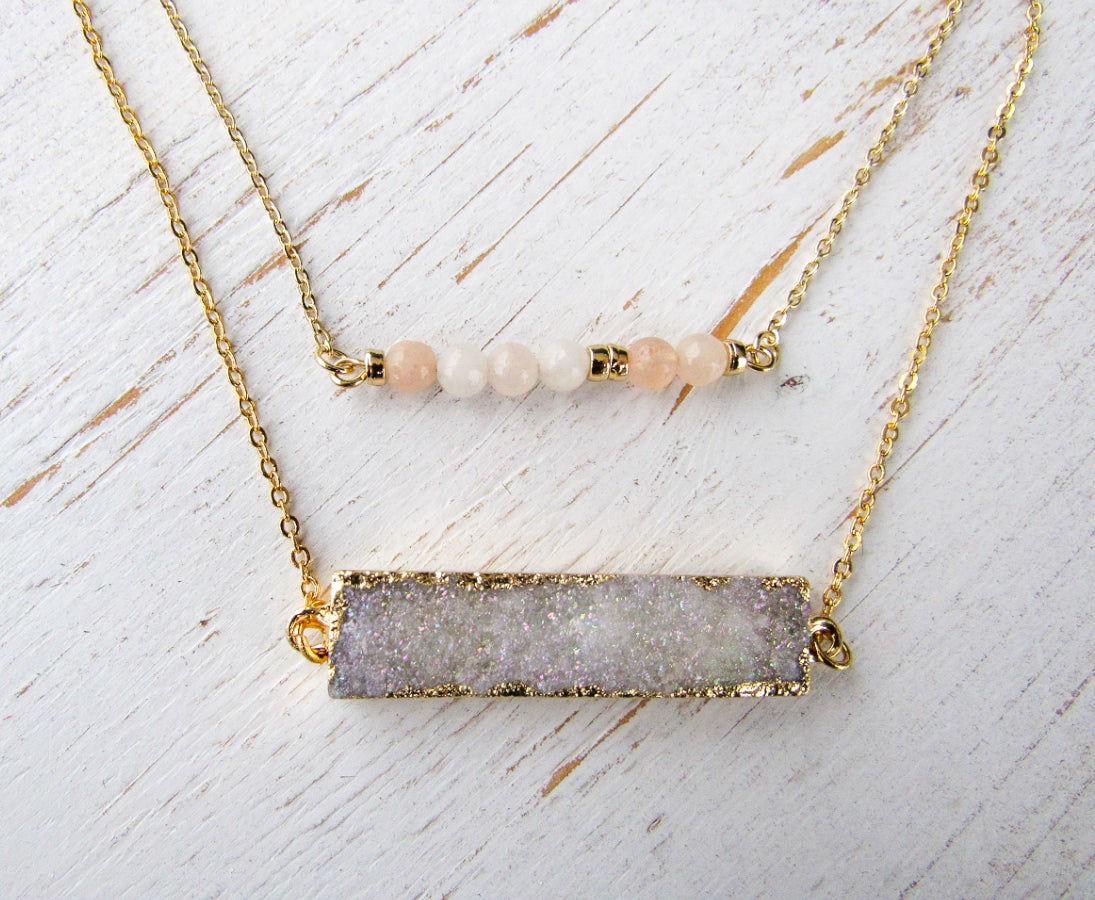 White Druzy Gold Plated Bar Layered Necklace