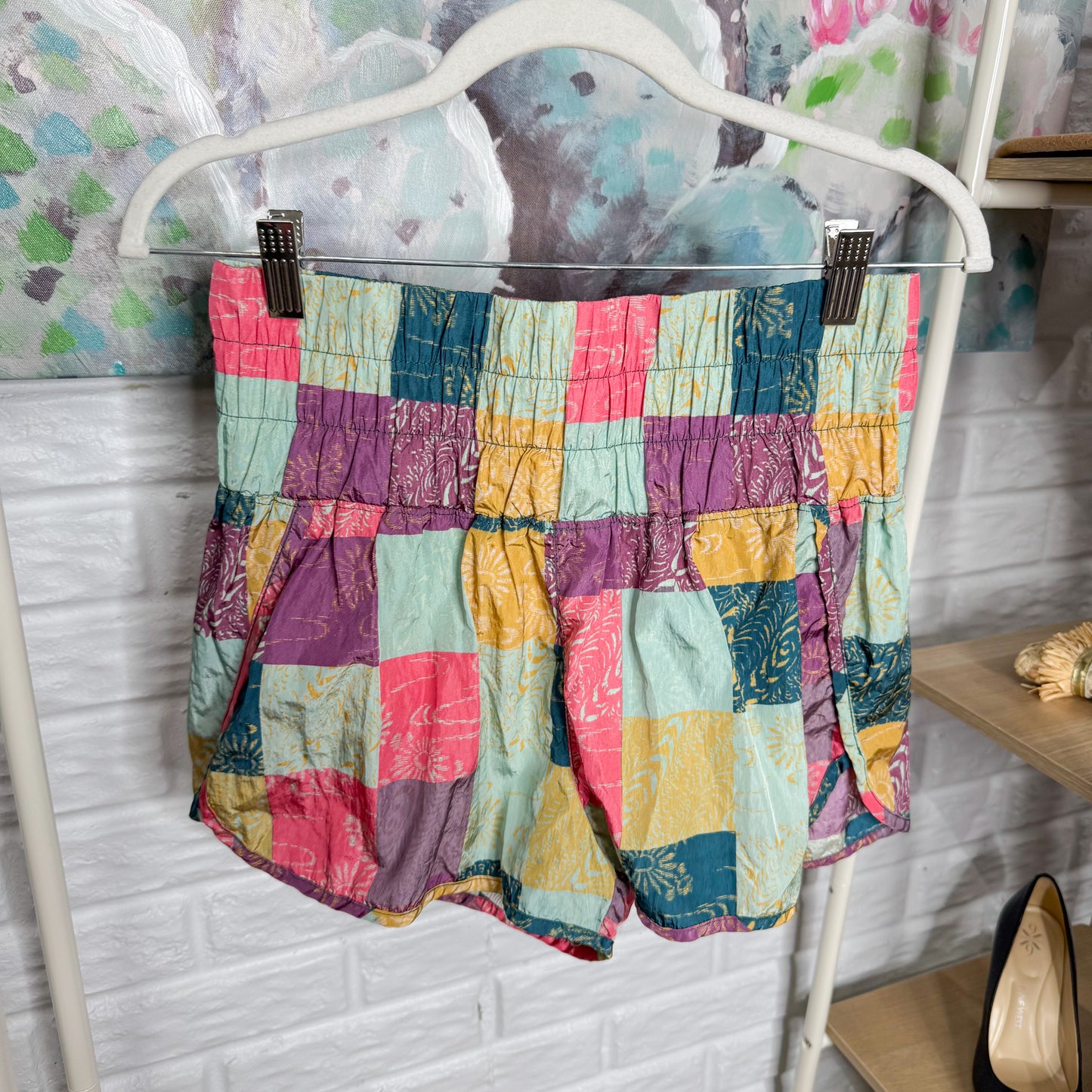 Free People Movement The Way Home Multi Check Printed High Rise Shorts (L)