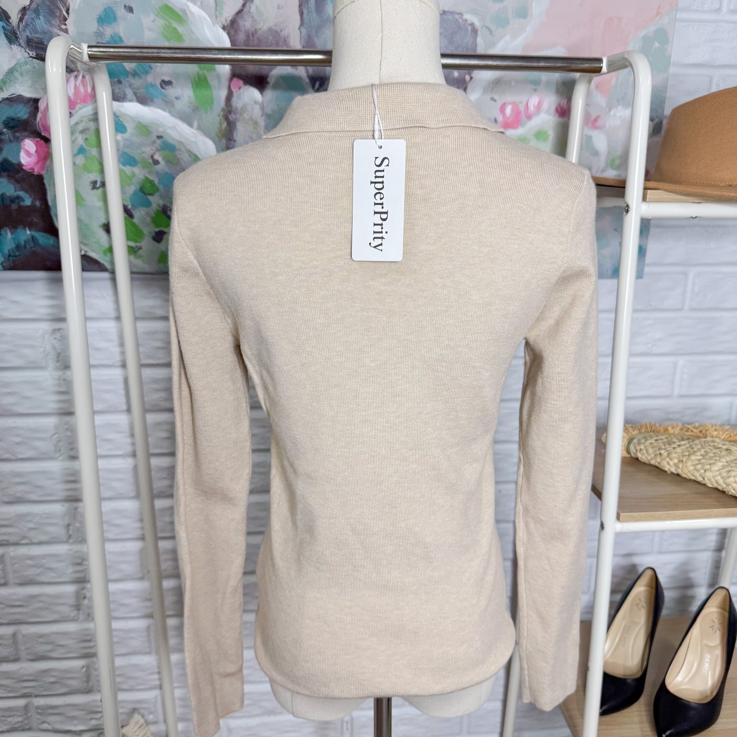 Superprity New Cream Collared Long Sleeve Top (M)
