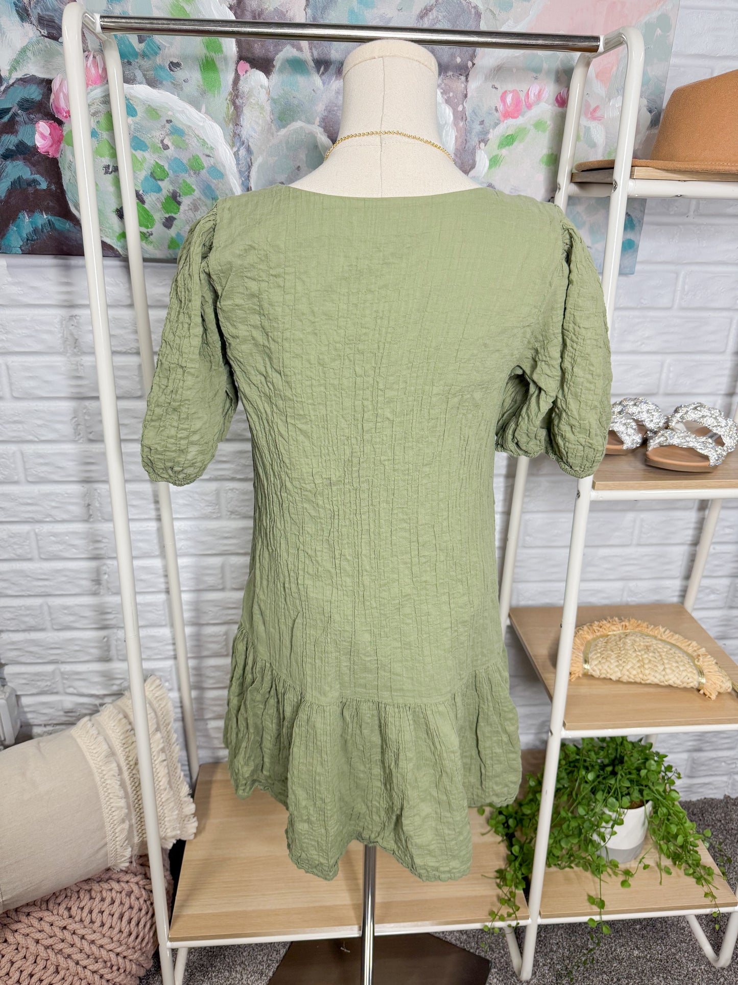 Abercrombie & Fitch Green Puff Sleeve Trapeze Mini Dress (M)
