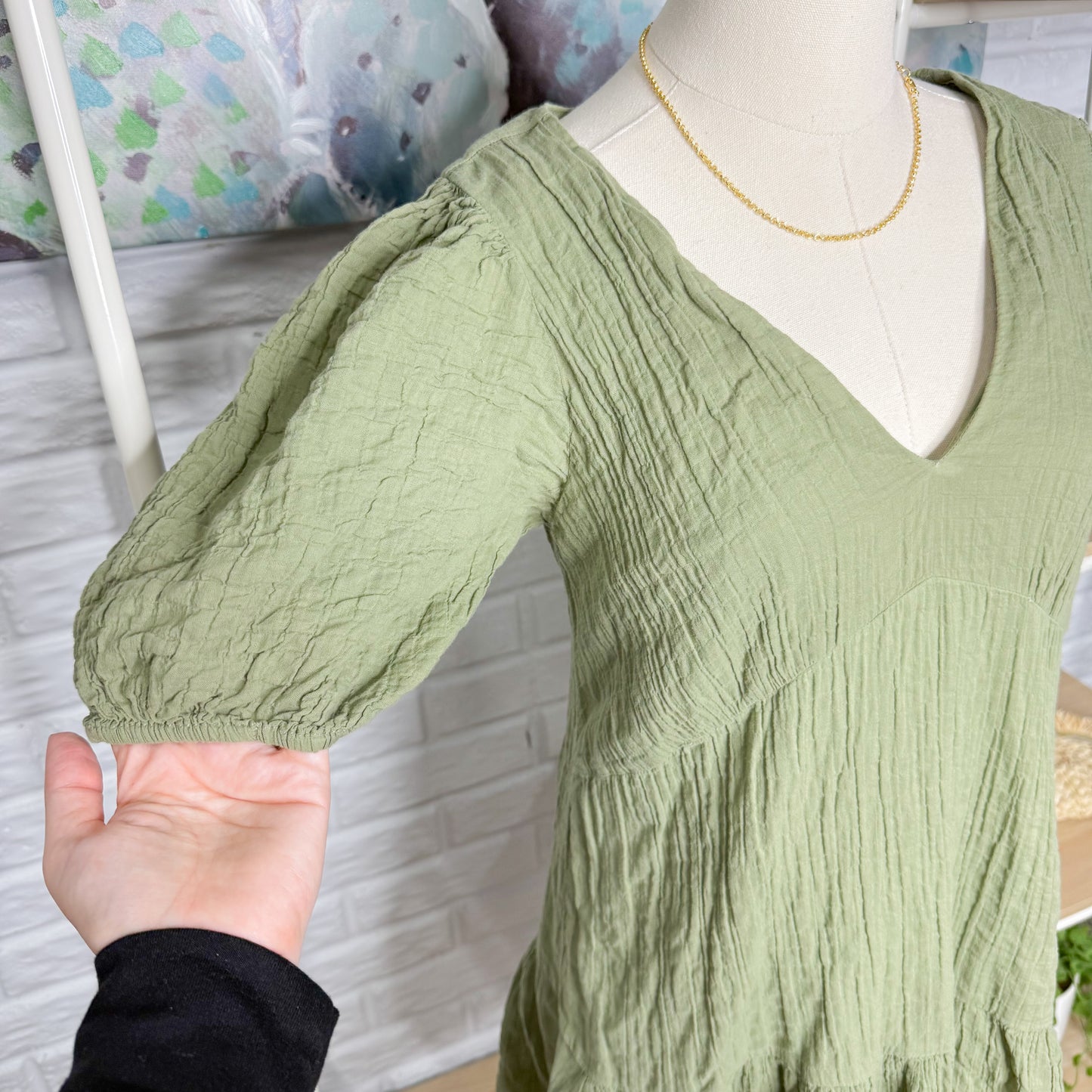 Abercrombie & Fitch Green Puff Sleeve Trapeze Mini Dress (M)