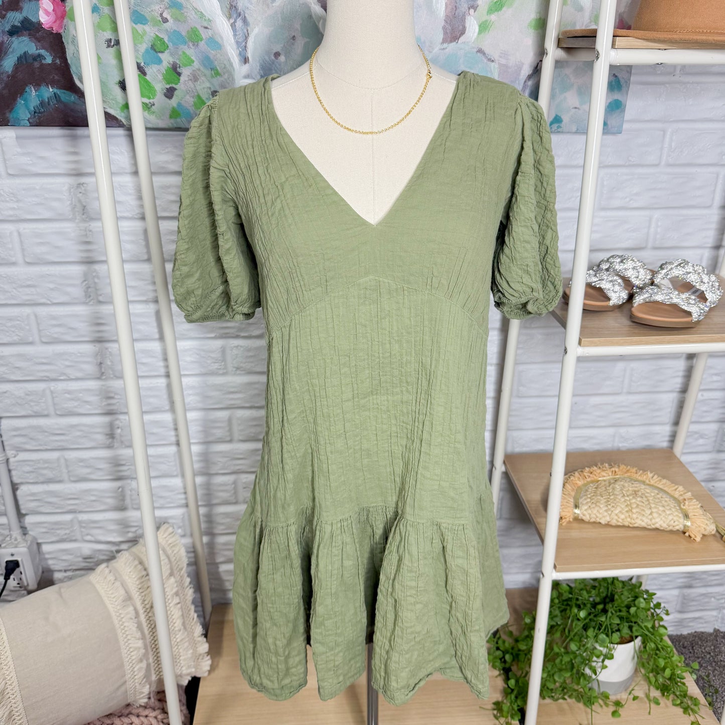 Abercrombie & Fitch Green Puff Sleeve Trapeze Mini Dress (M)