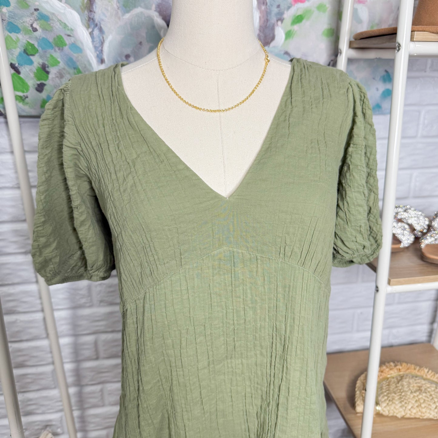 Abercrombie & Fitch Green Puff Sleeve Trapeze Mini Dress (M)